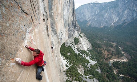 A man free climbs The Dawn Wall in Yosemite National Park, California.