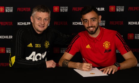 Ole Gunnar Solskjær with Bruno Fernandes after the Sporting midfielder signed for Manchester United.
