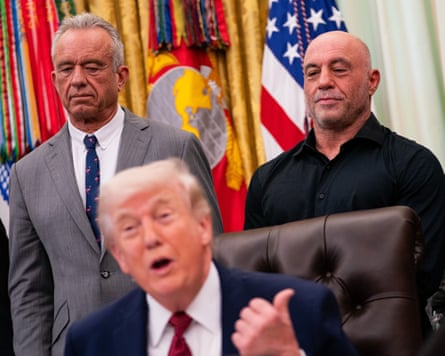 Joe Rogan, right, at the signing of an executive order with Donald Trump in the Oval Office, Washington, 18 April 2026.