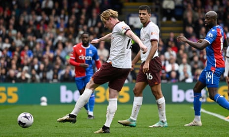 Manchester City's Kevin De Bruyne shoots with his left foot and scores their fourth goal at Crystal Palace.