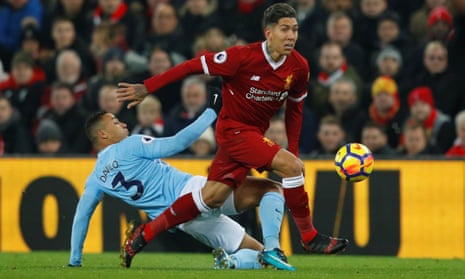 Liverpool’s Roberto Firmino races away from Manchester City’s Danilo on a day when his infectious energy was too much for the unbeaten league leaders.