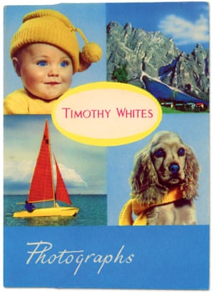 Four brightly saturated prints of a baby, a yacht, a spaniel and a mountain landscape around a sign reading "Timothy Whites"