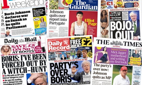 composite of uk newspaper front pages about Boris Johnson's resignation as MP