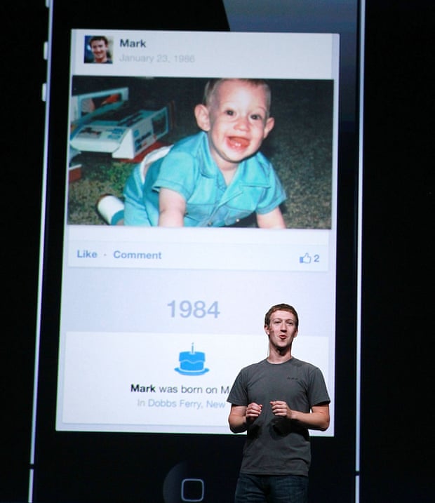Facebook CEO Mark Zuckerberg shows a photo of himself as a baby.