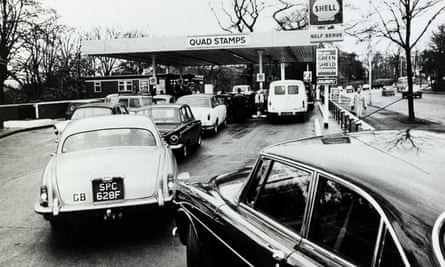 British motorists queue for petrol during the oil crisis of 1973.