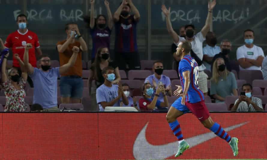 Barcelona’s Martin Braithwaite celebrates after scoring his side’s second goal