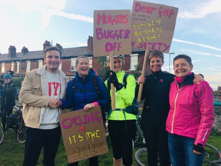 Olympic gold medalist Callum Skinner (far left) joins members of Manchester’s women-only club, Team Glow, on the protest ride.
