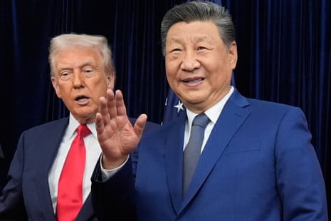 Chinese president Xi Jinping, right, waves, with president Donald Trump, ahead of their summit talk in Busan, South Korea, Thursday, 30 Oct., 2025.