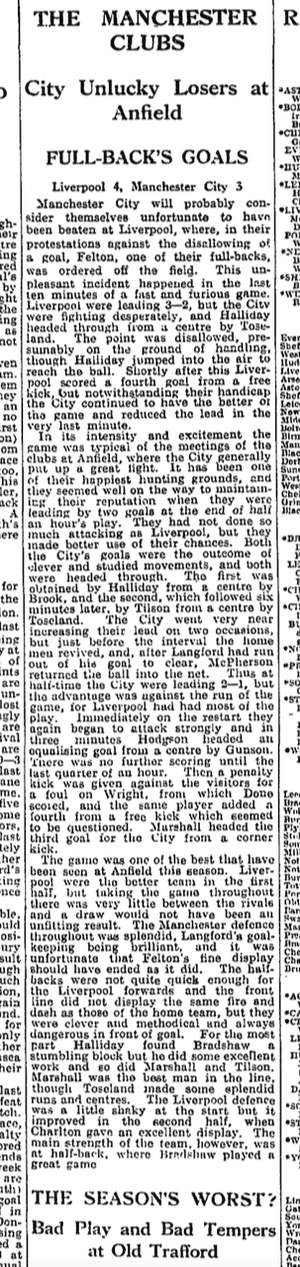 The Guardian match report on Liverpool 4-3 Manchester City, 21 November 1931