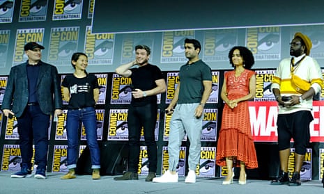 The Eternals star Richard Madden, third from left, with fellow cast members and Marvel chief Kevin Feige last July.