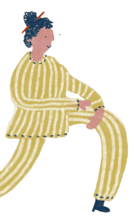 An illustration of a woman in yellow and white striped outfit