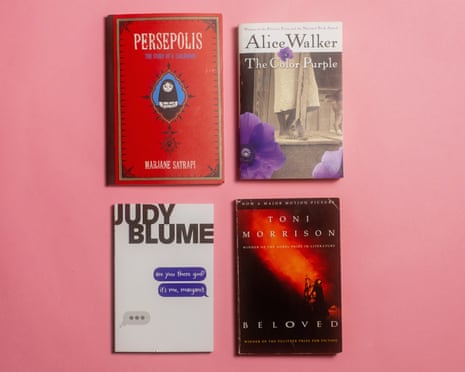 The covers for Beloved, The Color Purple, Persepolis, and Are You There God? It's Me, Margaret