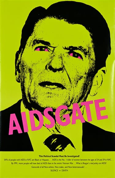A greenish-yellow poster of Ronald Reagan with the word 'Aidsgate' in pink written across it.