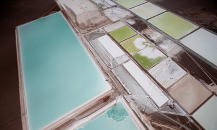 An aerial view of the brine pools and processing areas of the Rockwood lithium plant on the Atacama salt flats.