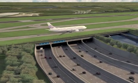 Computer image from Heathrow airport depicting the third runway built over the M25.