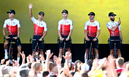 Cofidis riders greet crowds at the opening ceremony in Copenhagen.