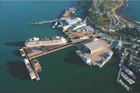 CGI aerial view of the docks with large cruise ships