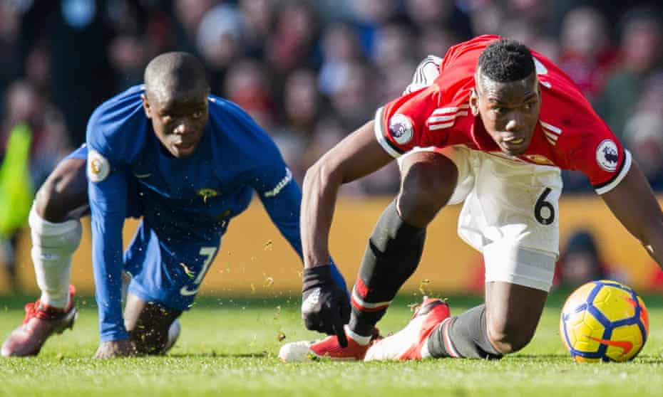 Chelsea's N’Golo Kanté with Paul Pogba in Manchester United's 2-1 home win in February 2018