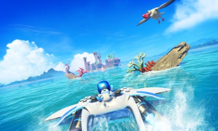Astro Bot aboard the PS5-controller-shaped ship.