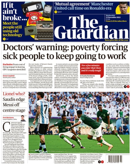Guardian front page, 23 November 2022