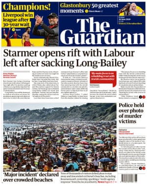 Vendredi briefing: Liverpool joie après un premier titre depuis 30 ans | Nouvelles du monde 3 Première page du Guardian, vendredi 26 juin 2020