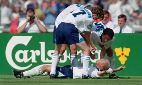 Paul Gascoigne celebrates in the ‘Dentist’s Chair’ with Steve McManaman, Alan Shearer and Jamie Redknapp after scoring England’s second goal against Scotland.