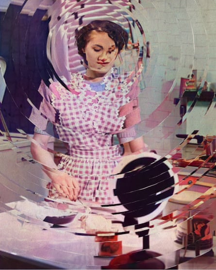 image of a woman in a housedress that appears to be from about the 1950s. the image is altered with concentric rings over it, as if a drop of water fell in a puddle image of a woman in a housedress that appears to be from about the 1950s. the image is altered with concentric rings over it, as if a drop of water fell in a puddle