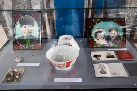 An exhibit showing photographs and other artefacts at the ethnic museum in Sary-Mogol.