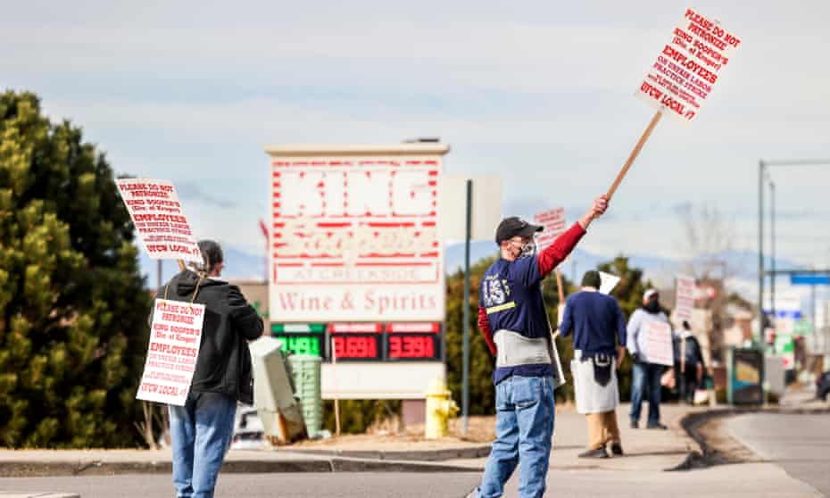 King Soopers grocery store workers in Glendale, Colorado on Wednesday, as employees strike at more than 70 stores across the Denver metro area.
