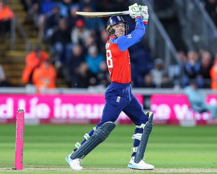 The England batter Tom Banton hits a shot over the off-side during his team’s second T20I against Sri Lanka in Cardiff.