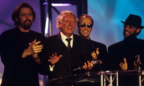 Robert Stigwood speaking at the Brits after the Bee Gees received their outstanding contribution to music award in 1997.