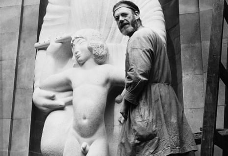 Eric Gill with his Prospero and Ariel sculpture in 1932.