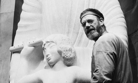 Eric Gill next to his sculpture Prospero and Ariel at BBC Broadcasting House. 