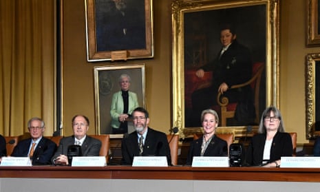 Sir Gregory Winter and Prof Frances Arnold sit with other Nobel prizewinners at a press conference ahead of Monday’s ceremony