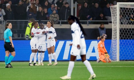 Tabitha Chawinga (centre) celebrates with teammates after scoring her, and PSG’s, second goal in their 2-1 win at Häcken.