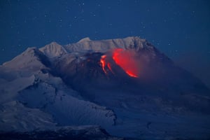 Kamchatka, Russia. The Shiveluch volcano erupts after spewing volcanic ash and smoke