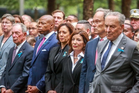 New York Governor Kathy Hochul, vice-president Kamala Harris, and New York City Mayor Eric Adams attend the commemoration ceremony.