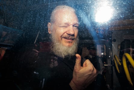 ‘He seemed to be winking at the whole of Britain.’ Julian Assange arrive at Westminster magistrates court in April.