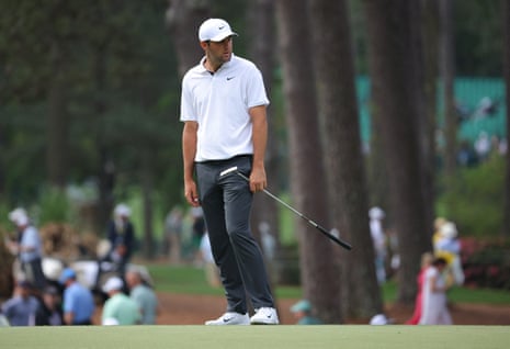Scottie Scheffler reacts after his missed putt on the 2nd.