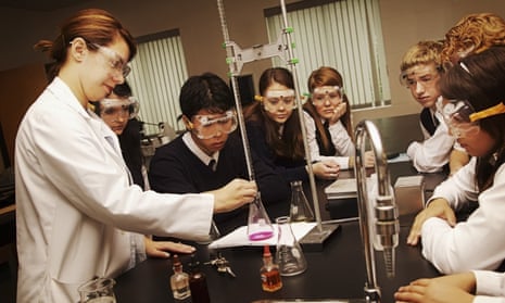 Teenage pupils in a chemistry class