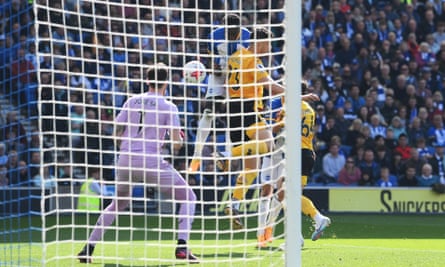 Danny Welbeck heads in Brighton’s fourth goal against Wolves.