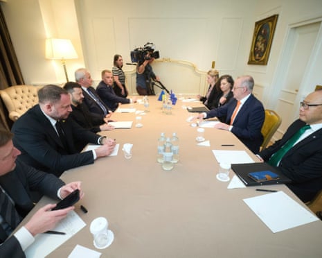 Handout photo made available by the Ukrainian Presidential Press Service shows Ukrainian president Volodymyr Zelensky (3-L) and Australian Prime Minister Anthony Albanese (2-R) in Rome, 18 May 2025.