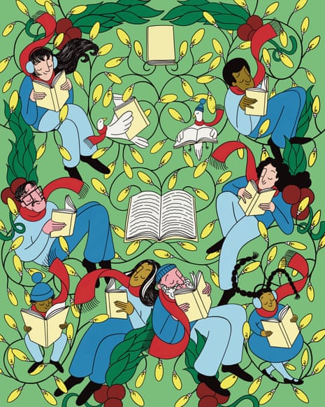 Christmassy illustration of people reading books