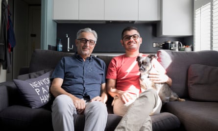 Mike Goldberg, his partner Heyder Magalhaes and their dog, Effy, who are relocating from north London.