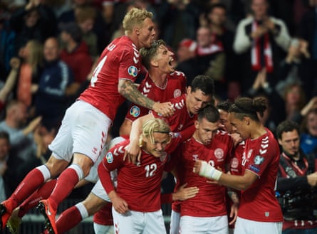 Denmark celebrate after scoring their first goal in the home Euro 2020 qualifier against the Republic of Ireland