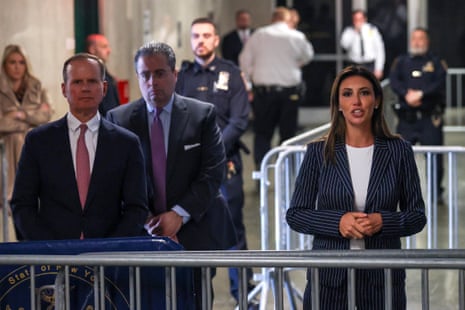 Attorney Alina Habba speaks to the media outside of court along with Attorney Christopher Kise (L) and Attorney Cliff Robert during opening statements in Former President Donald Trump’s trial for allegedly covering up hush money payments at Manhattan Criminal Court in New York City.