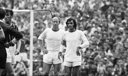 Charlton with George Best in a Manchester United league match against Crystal Palace at Selhurst Park in 1969.