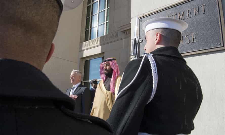Mohammed bin Salman Al Saud is welcomed by the US secretary of defense, James Mattis, during his official visit to Washington.