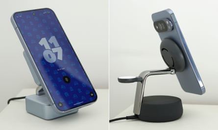 A composite showing the Google Pixel 10 Pro XL wirelessly charging on a Ugreen MagFlow 2-in-1 and Belkin UltraCharge Pro Qi2 25W chargers.