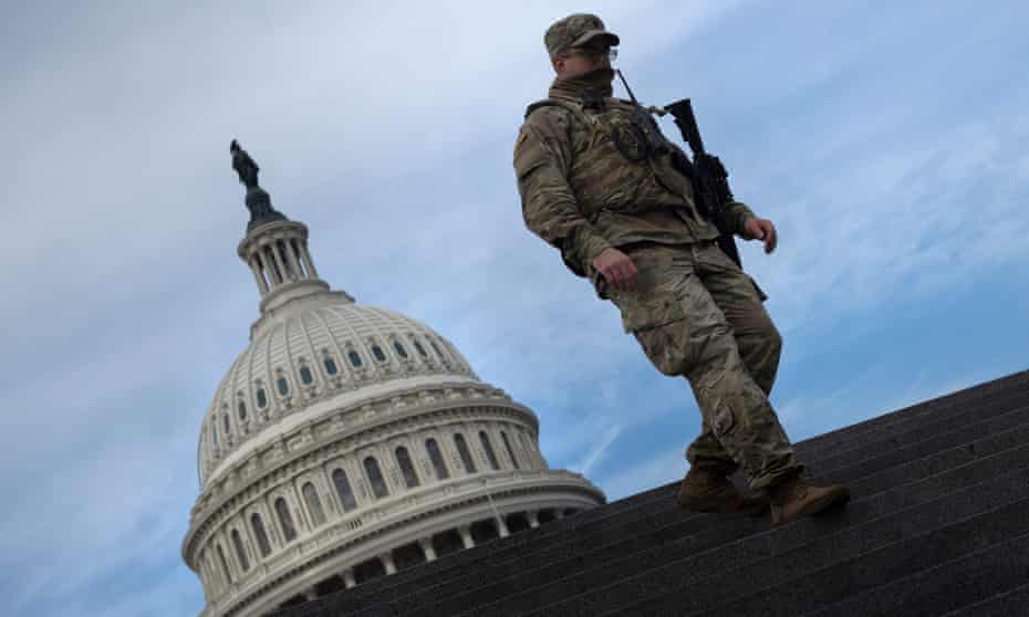 A member of the National Guard provides security at the US Capitol on January 14, 2021, a week after supporters of Donald Trump attacked the Capitol, and ahead of the inauguration of President-elect Joe Biden on January 20.